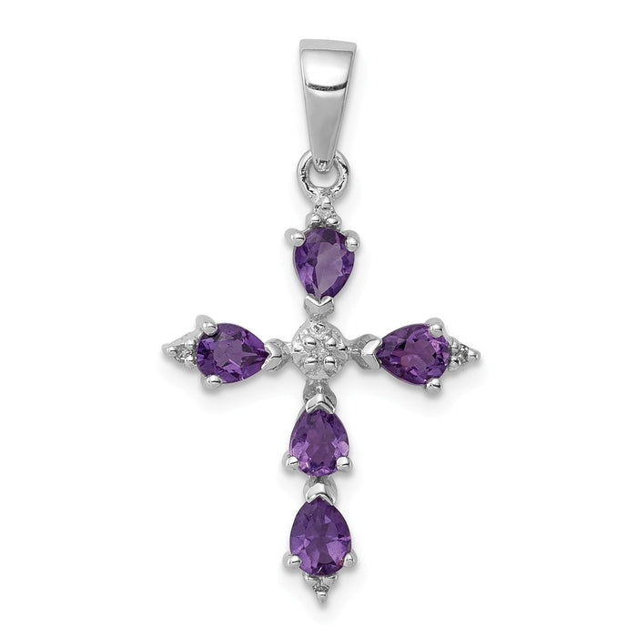 Million Charms 925 Sterling Silver Rhodium-plated Pear Amethyst Relgious Cross Pendant