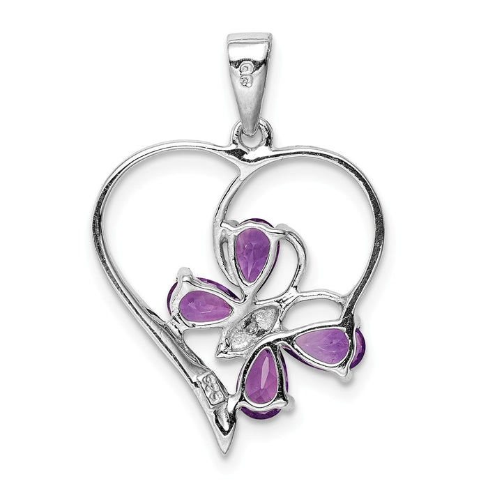 Million Charms 925 Sterling Silver Rhodium-plated Amethyst & Diamond Butterfly Heart Pendant