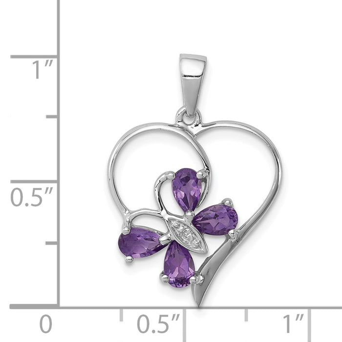 Million Charms 925 Sterling Silver Rhodium-plated Amethyst & Diamond Butterfly Heart Pendant