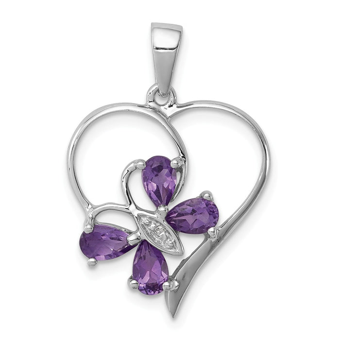 Million Charms 925 Sterling Silver Rhodium-plated Amethyst & Diamond Butterfly Heart Pendant