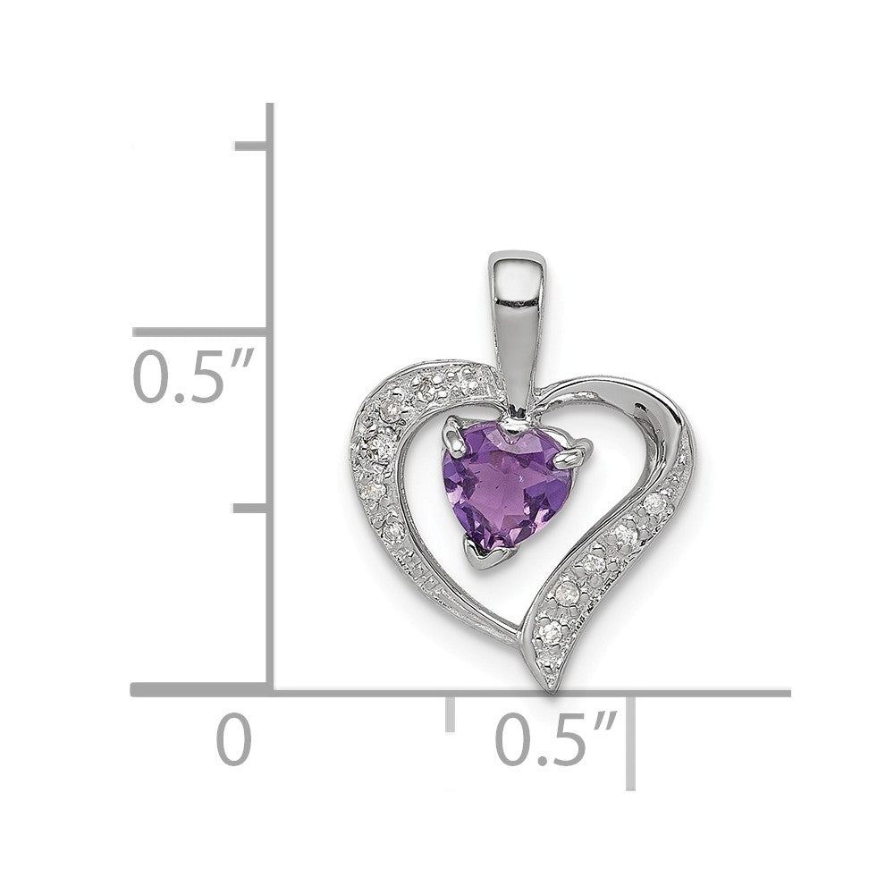 Million Charms 925 Sterling Silver Rhodium-plated Heart Amethyst & Diamond Heart Pendant