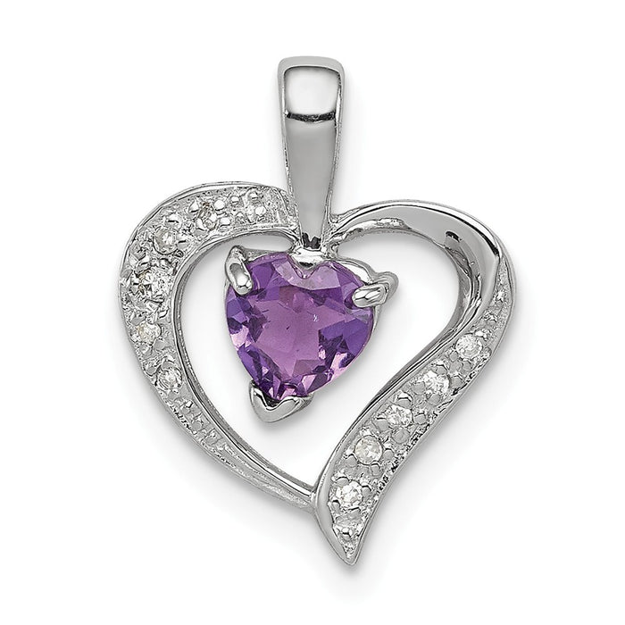 Million Charms 925 Sterling Silver Rhodium-plated Heart Amethyst & Diamond Heart Pendant