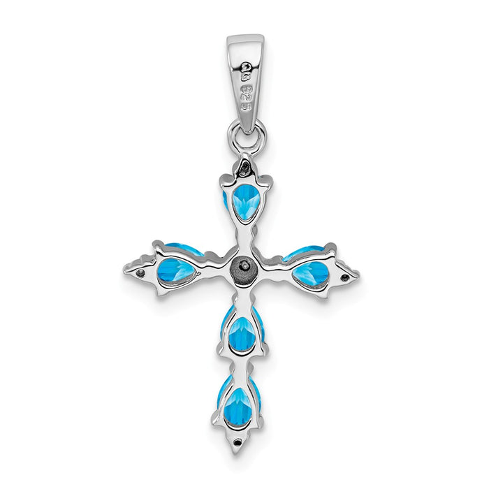 Million Charms 925 Sterling Silver Rhodium-plated Pear Swiss Blue Topaz Relgious Cross Pendant