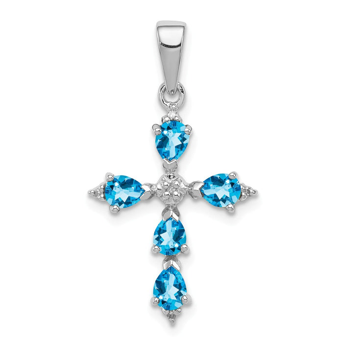 Million Charms 925 Sterling Silver Rhodium-plated Pear Swiss Blue Topaz Relgious Cross Pendant