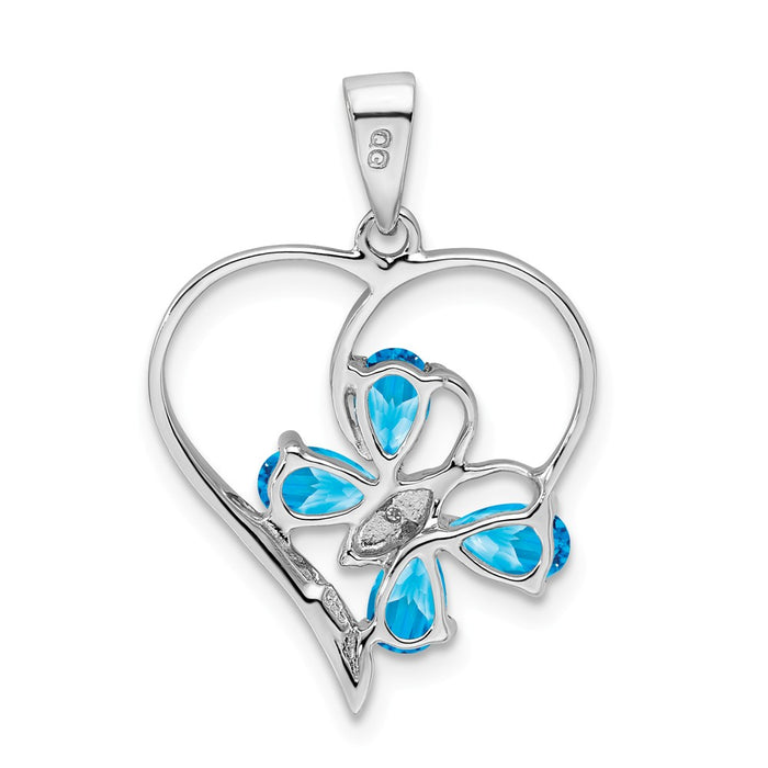 Million Charms 925 Sterling Silver Rhodium-plated Sw Blue Topaz & Diamond Butterfly Heart Pendant