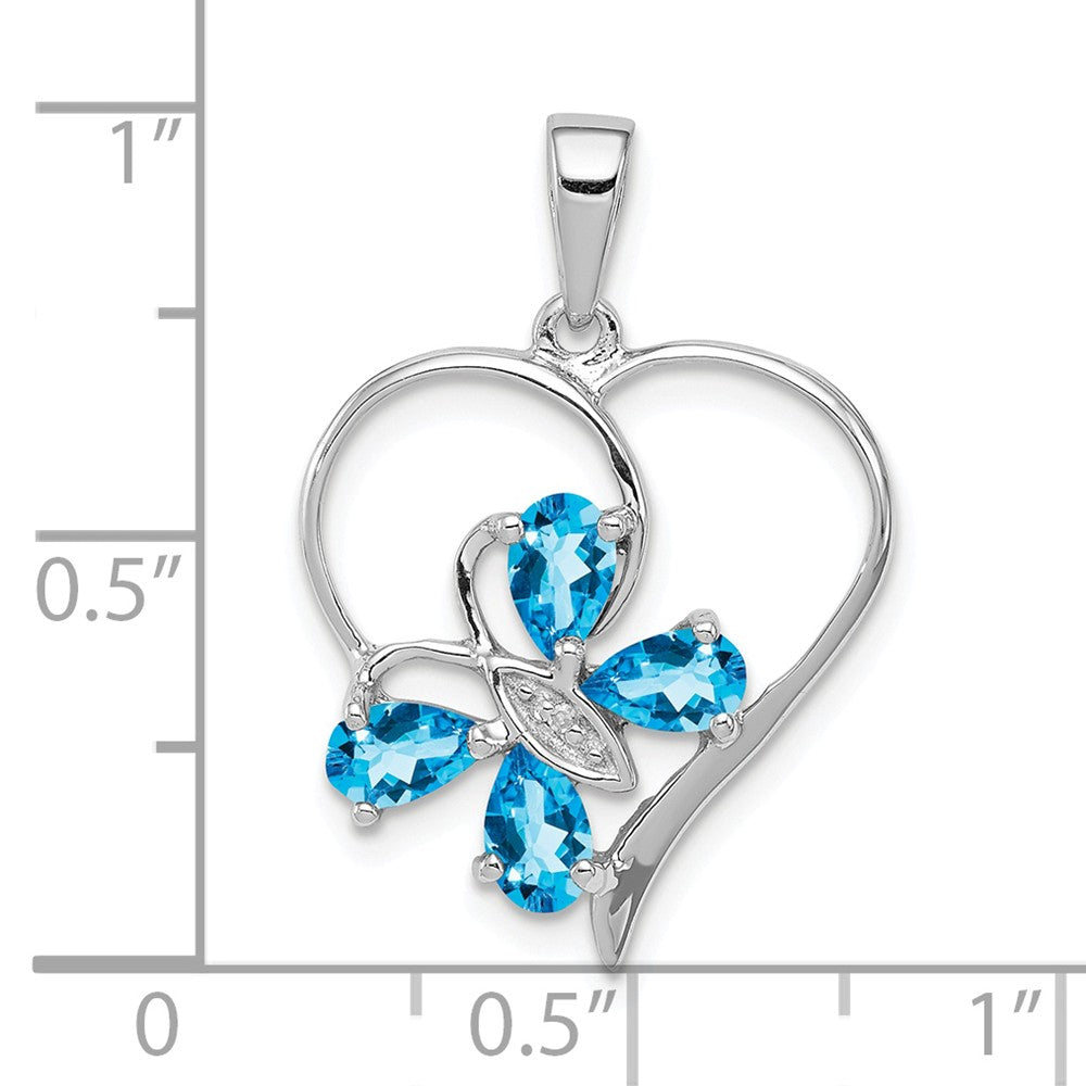 Million Charms 925 Sterling Silver Rhodium-plated Sw Blue Topaz & Diamond Butterfly Heart Pendant