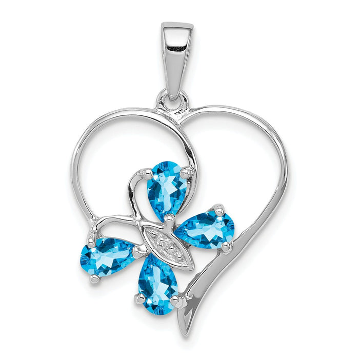 Million Charms 925 Sterling Silver Rhodium-plated Sw Blue Topaz & Diamond Butterfly Heart Pendant