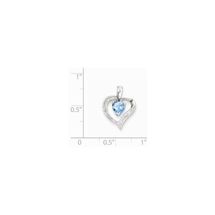 Million Charms 925 Sterling Silver Rhodium-plated Heart Swiss Blue Topaz & Diamond Heart Pendant