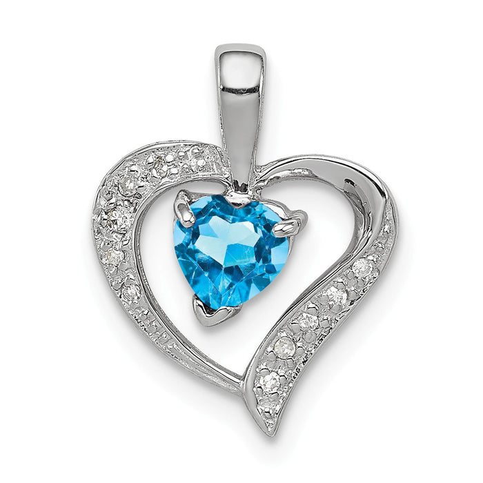 Million Charms 925 Sterling Silver Rhodium-plated Heart Swiss Blue Topaz & Diamond Heart Pendant