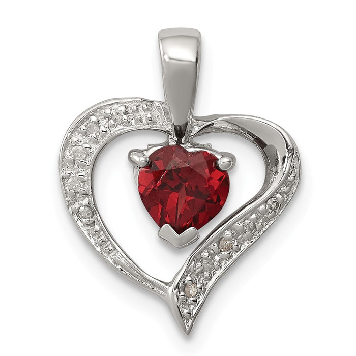 Million Charms 925 Sterling Silver Rhodium-plated Heart Garnet & Diamond Heart Pendant