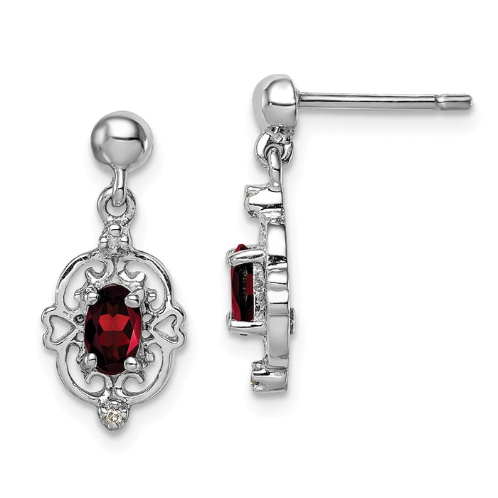 925 Sterling Silver Rhodium Pear Garnet & Diamond Post Earrings, 17mm x 7mm