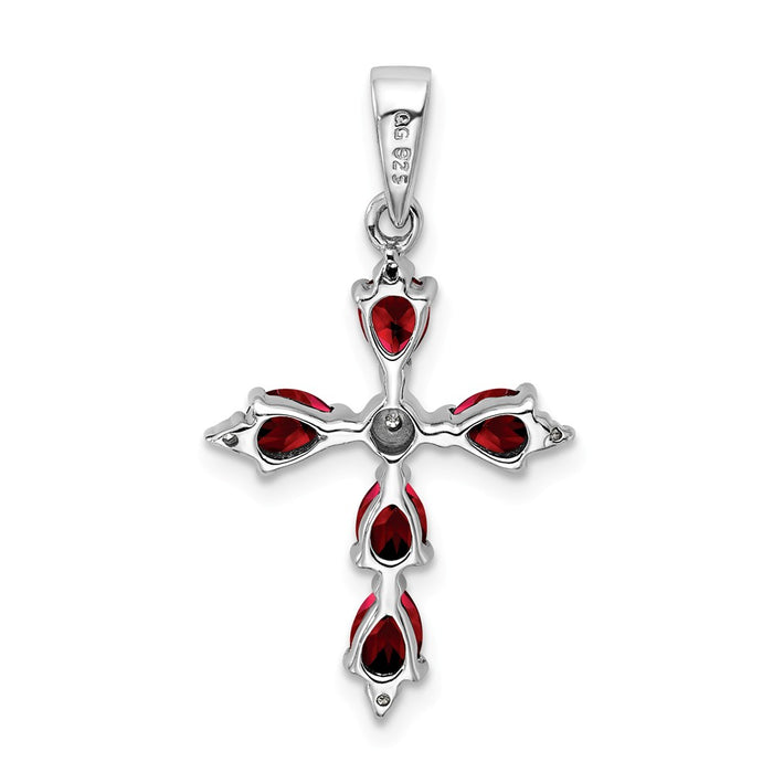 Million Charms 925 Sterling Silver Rhodium-plated Pear Garnet Relgious Cross Pendant