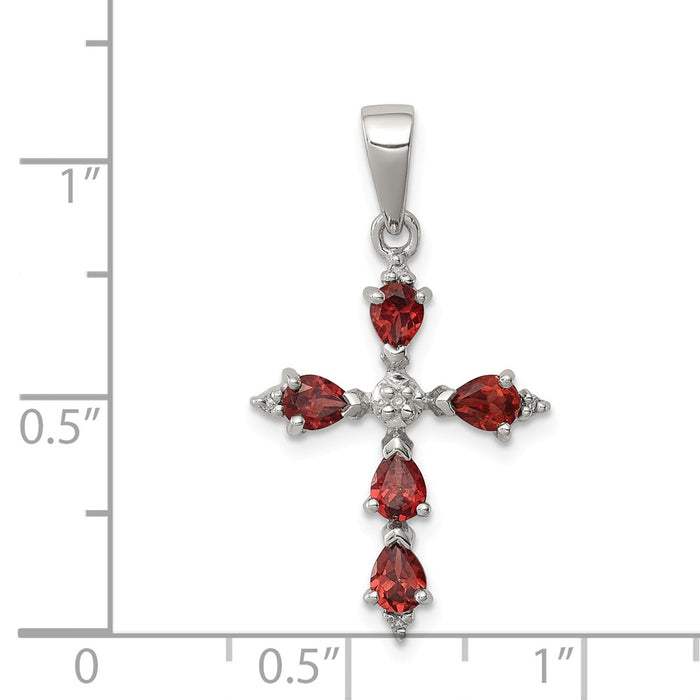 Million Charms 925 Sterling Silver Rhodium-plated Pear Garnet Relgious Cross Pendant