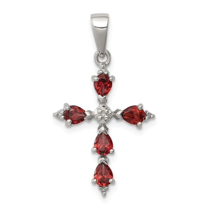 Million Charms 925 Sterling Silver Rhodium-plated Pear Garnet Relgious Cross Pendant