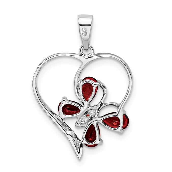 Million Charms 925 Sterling Silver Rhodium-plated Garnet & Diamond Butterfly Heart Pendant