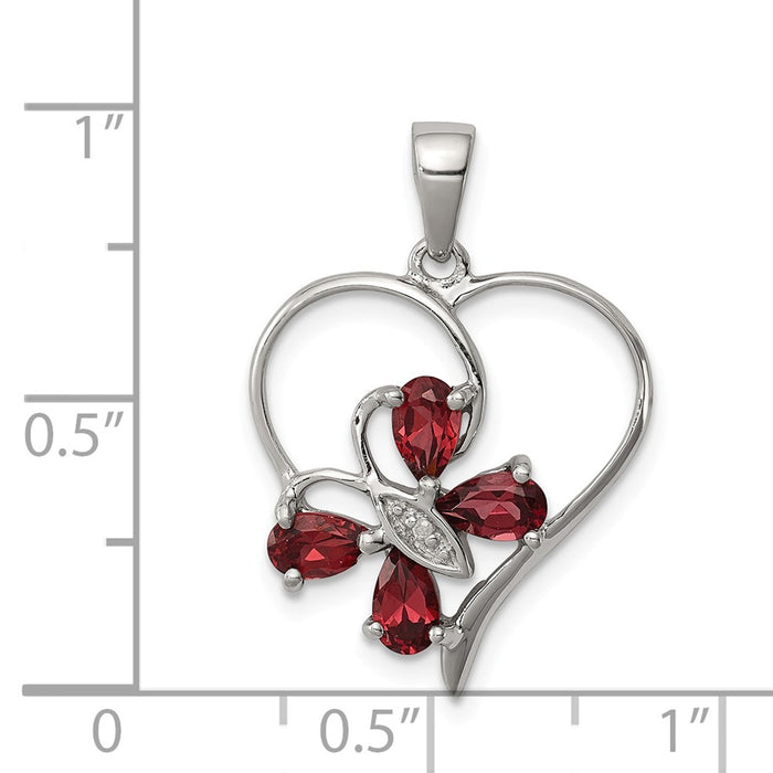 Million Charms 925 Sterling Silver Rhodium-plated Garnet & Diamond Butterfly Heart Pendant