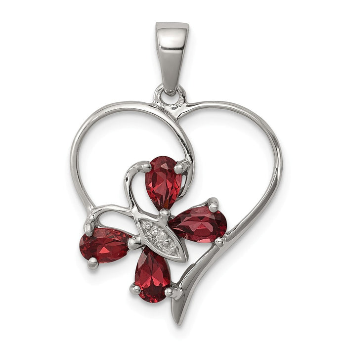 Million Charms 925 Sterling Silver Rhodium-plated Garnet & Diamond Butterfly Heart Pendant