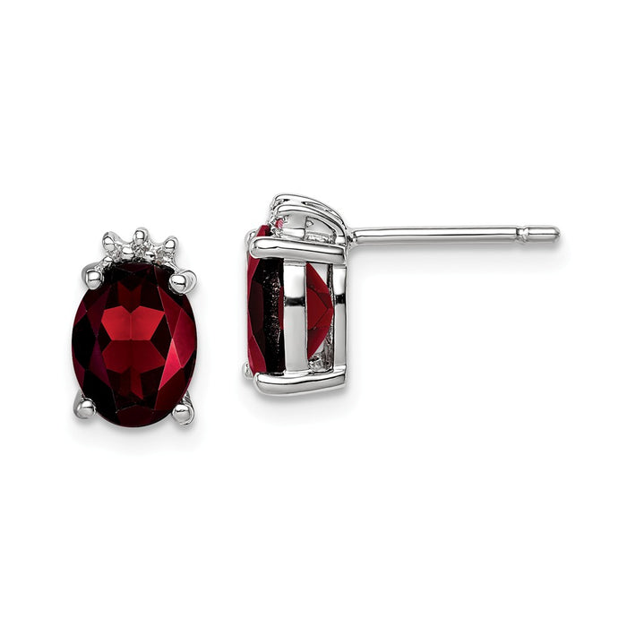 925 Sterling Silver Rhodium Oval Garnet & Diamond Post Earrings, 11mm x 6mm