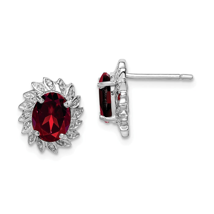 925 Sterling Silver Rhodium Garnet & Diamond Post Earrings, 12mm x 10mm