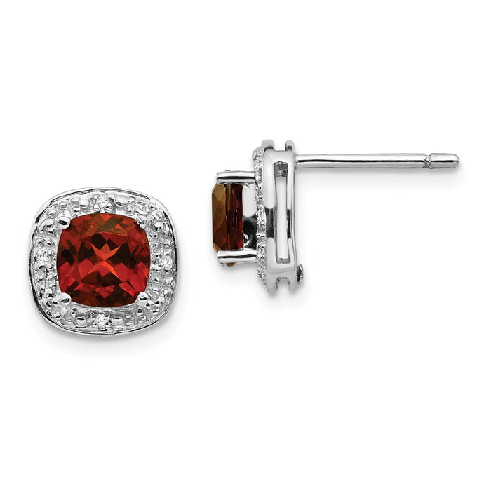 925 Sterling Silver Rhodium Garnet & Diamond Post Earrings, 9mm x 9mm