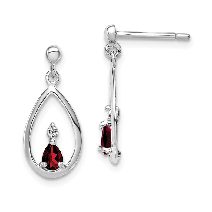 925 Sterling Silver Rhodium Pear Garnet & Diamond Post Earrings, 19mm x 8mm