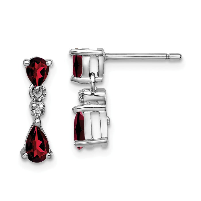 925 Sterling Silver Rhodium Pear Garnet & Diamond Post Earrings, 13mm x 4mm