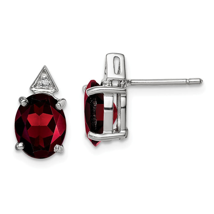 925 Sterling Silver Rhodium Garnet & Diamond Post Earrings, 12mm x 7mm