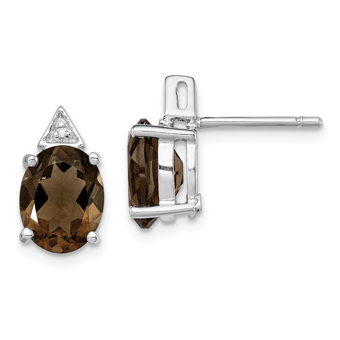 925 Sterling Silver Rhodium-Plated Smoky Quartz Diamond Post Earrings, 12mm x 7mm