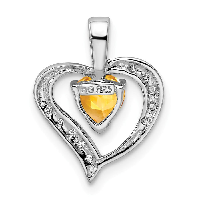 Million Charms 925 Sterling Silver Rhodium-plated Heart Citrine & Diamond Heart Pendant