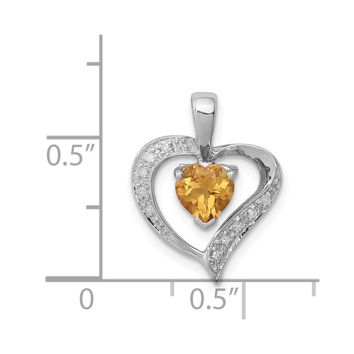 Million Charms 925 Sterling Silver Rhodium-plated Heart Citrine & Diamond Heart Pendant