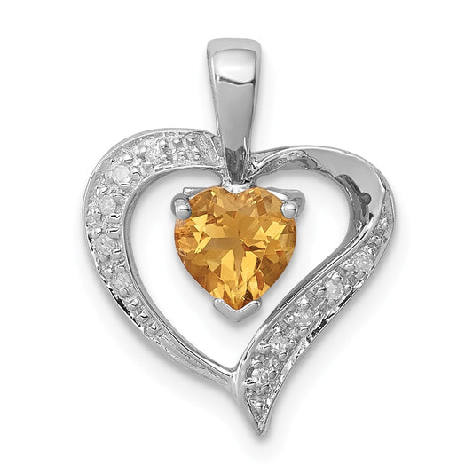 Million Charms 925 Sterling Silver Rhodium-plated Heart Citrine & Diamond Heart Pendant