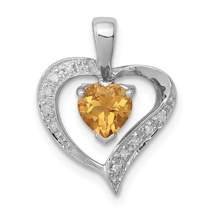 Million Charms 925 Sterling Silver Rhodium-plated Heart Citrine & Diamond Heart Pendant