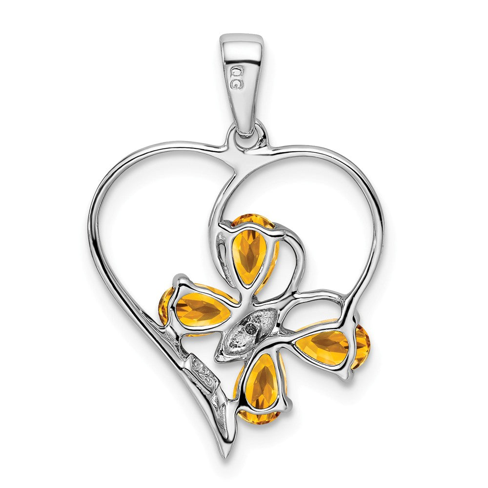 Million Charms 925 Sterling Silver Rhodium-plated Citrine & Diamond Butterfly Heart Pendant