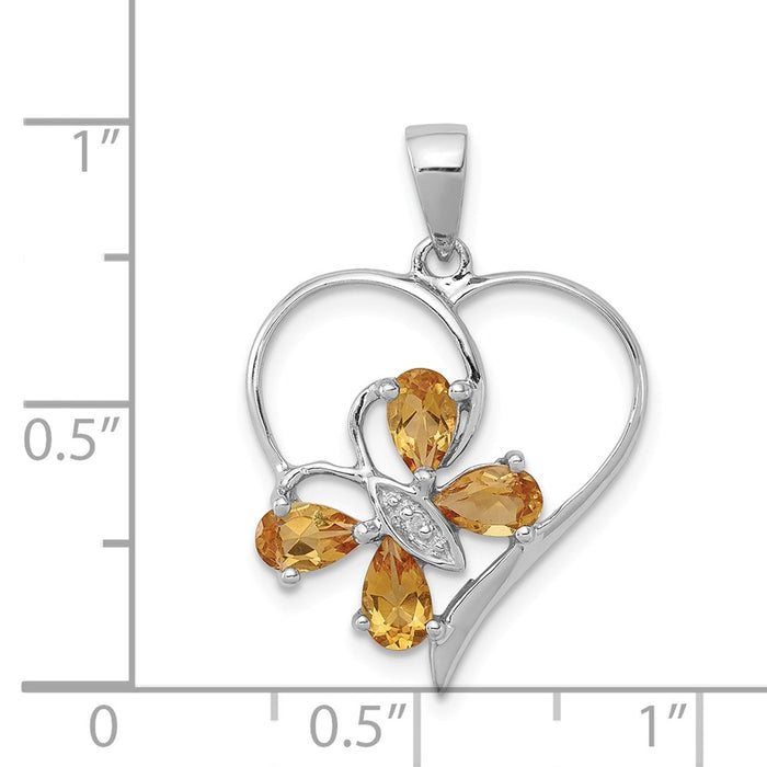 Million Charms 925 Sterling Silver Rhodium-plated Citrine & Diamond Butterfly Heart Pendant