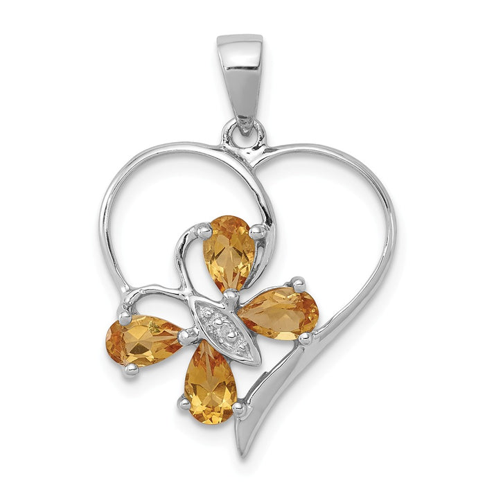 Million Charms 925 Sterling Silver Rhodium-plated Citrine & Diamond Butterfly Heart Pendant