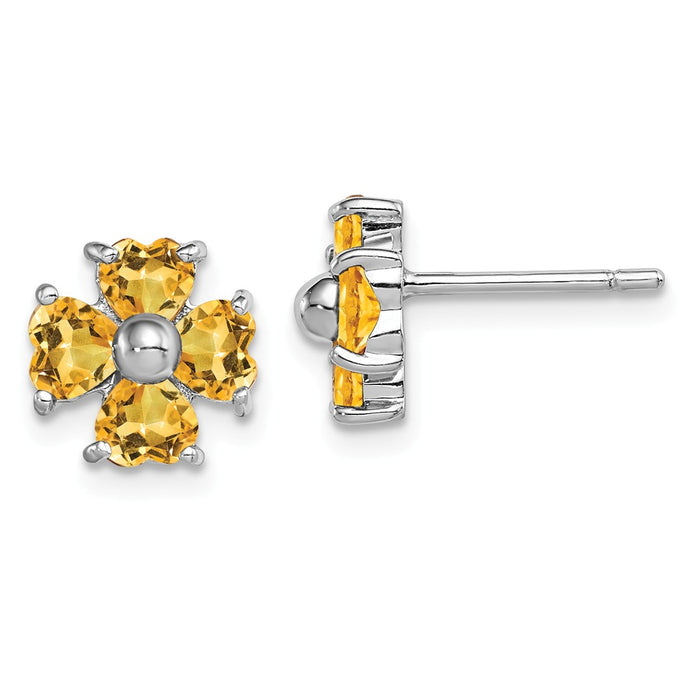 925 Sterling Silver Rhodium Citrine Flower Post Earrings, 9mm x 9mm