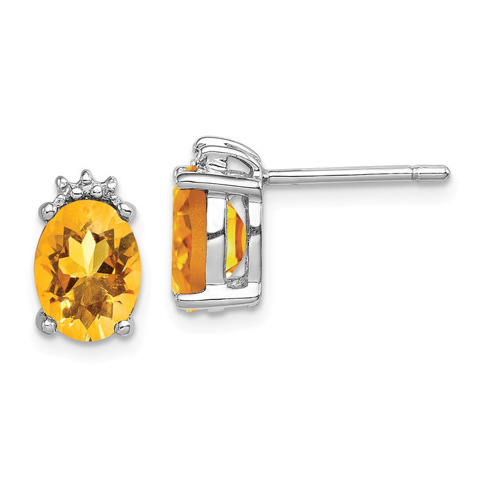 925 Sterling Silver Rhodium Oval Citrine & Diamond Post Earrings, 10mm x 6mm