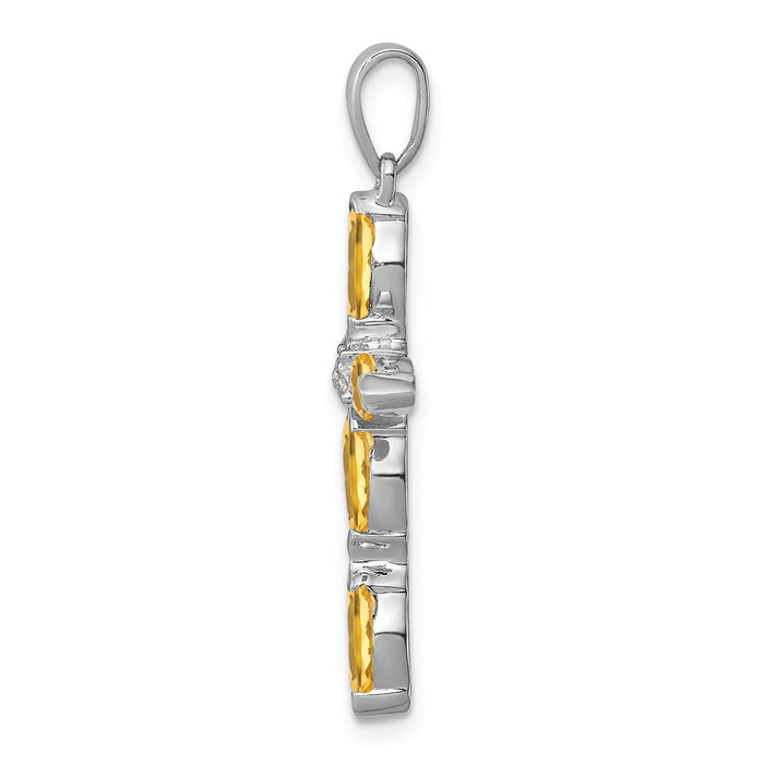 Million Charms 925 Sterling Silver Rhodium-plated Citrine & Diamond Relgious Cross Pendant