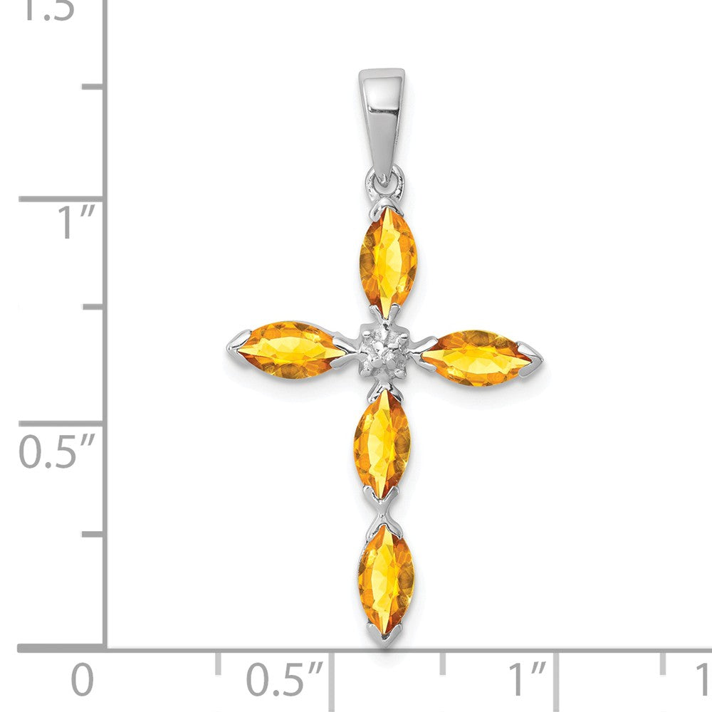 Million Charms 925 Sterling Silver Rhodium-plated Citrine & Diamond Relgious Cross Pendant