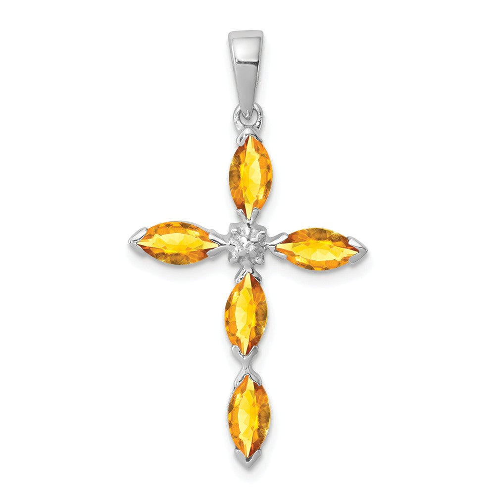 Million Charms 925 Sterling Silver Rhodium-plated Citrine & Diamond Relgious Cross Pendant