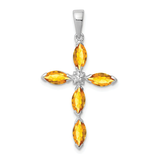Million Charms 925 Sterling Silver Rhodium-plated Citrine & Diamond Relgious Cross Pendant