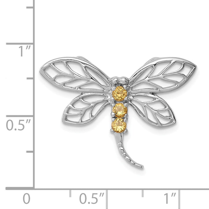 Million Charms 925 Sterling Silver Rhodium-plated Citrine Dragonfly Chain Slide