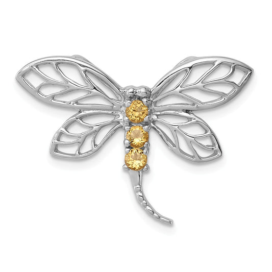 Million Charms 925 Sterling Silver Rhodium-plated Citrine Dragonfly Chain Slide