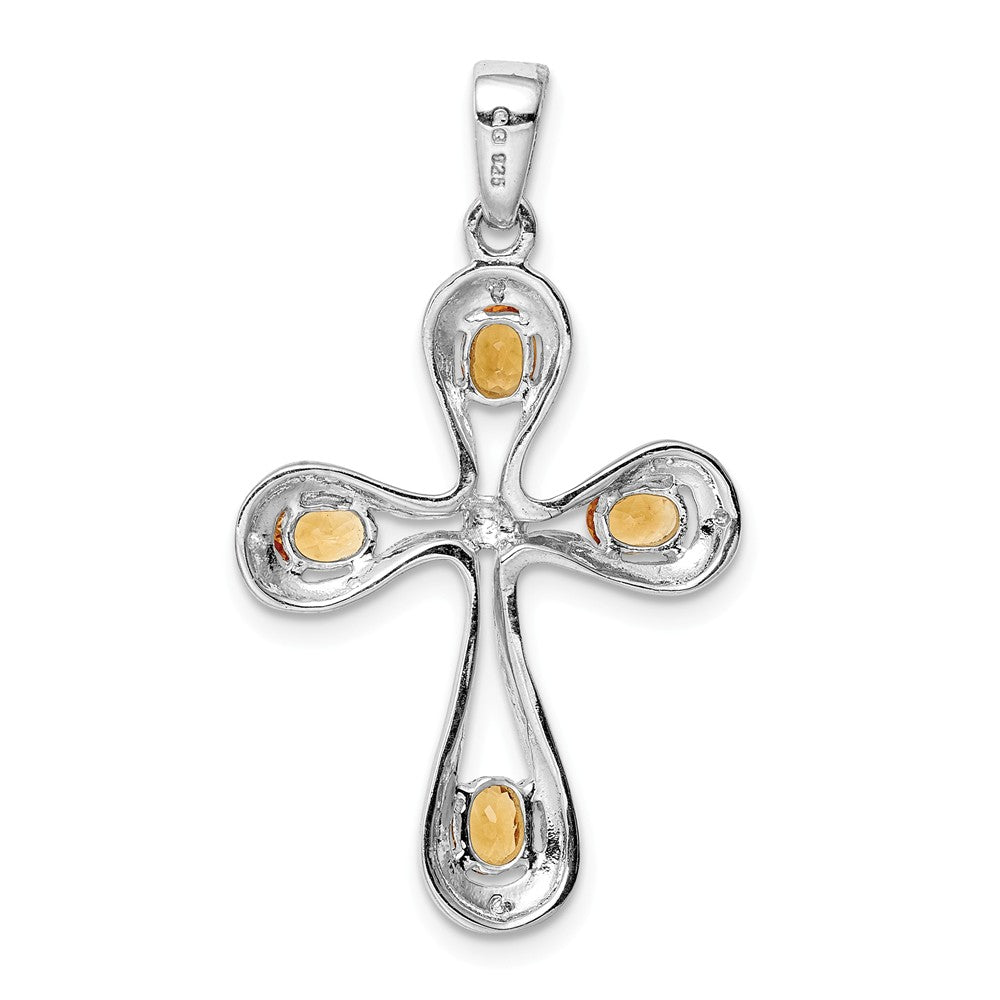 Million Charms 925 Sterling Silver Rhodium-plated Citrine & Diamond Relgious Cross Pendant