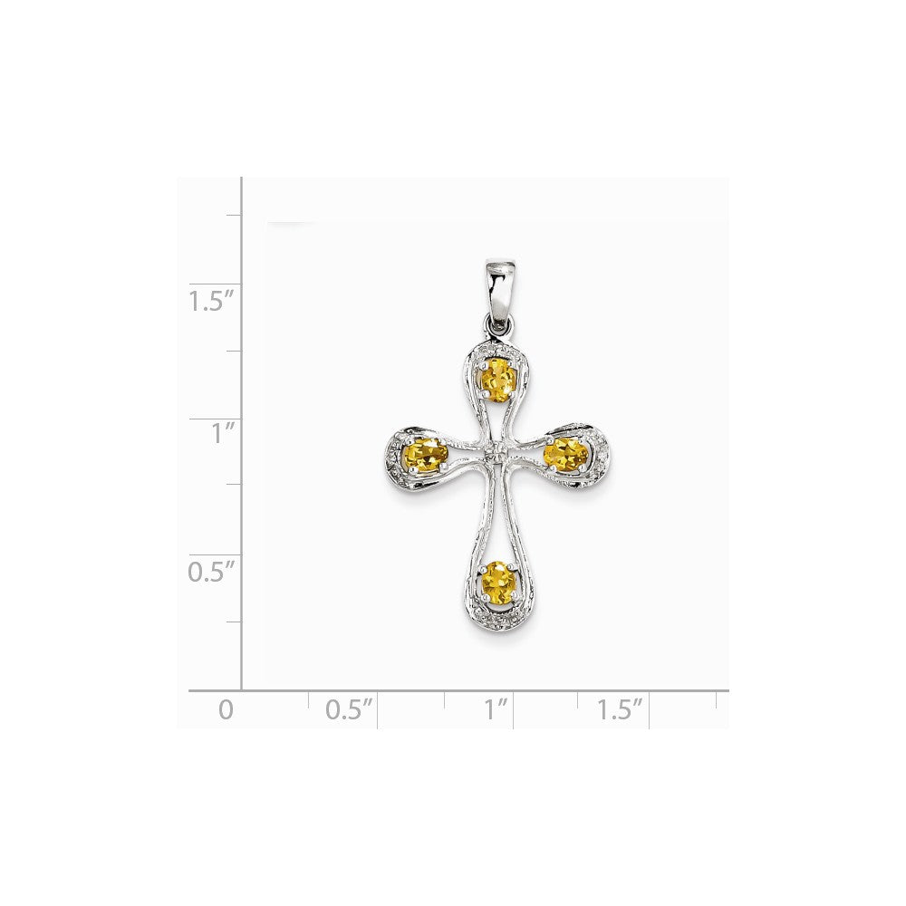 Million Charms 925 Sterling Silver Rhodium-plated Citrine & Diamond Relgious Cross Pendant