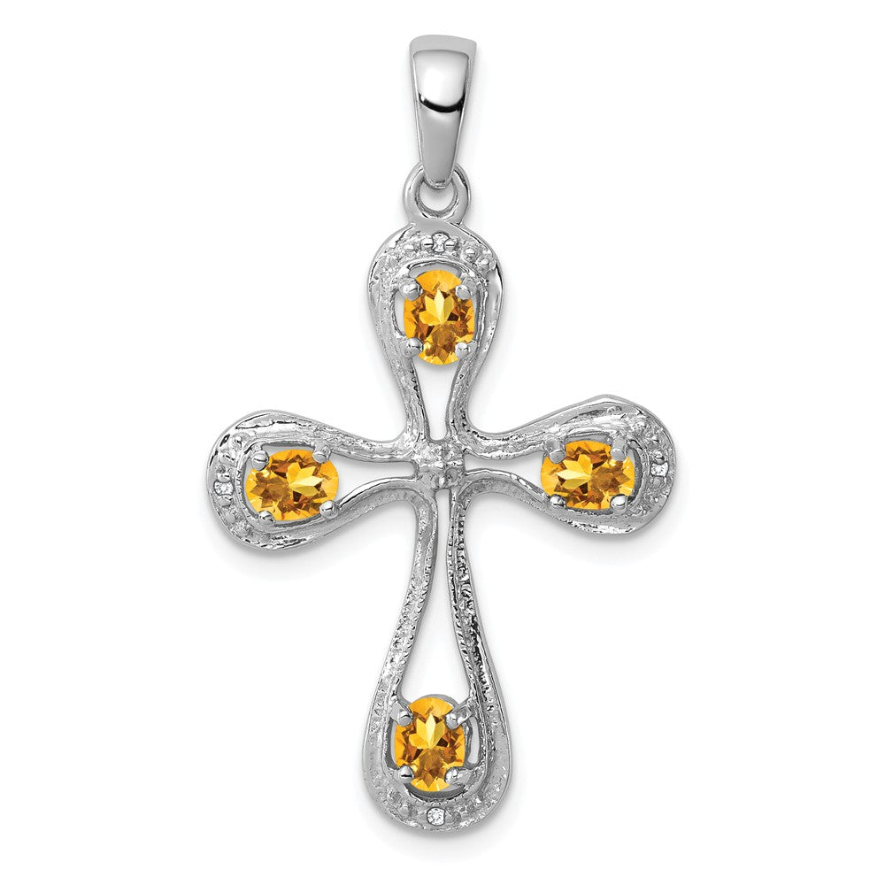 Million Charms 925 Sterling Silver Rhodium-plated Citrine & Diamond Relgious Cross Pendant