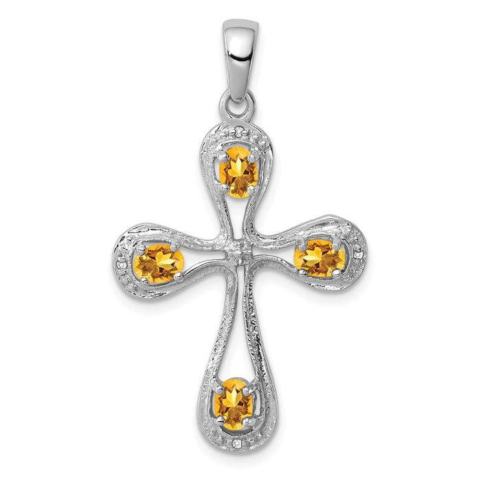 Million Charms 925 Sterling Silver Rhodium-plated Citrine & Diamond Relgious Cross Pendant