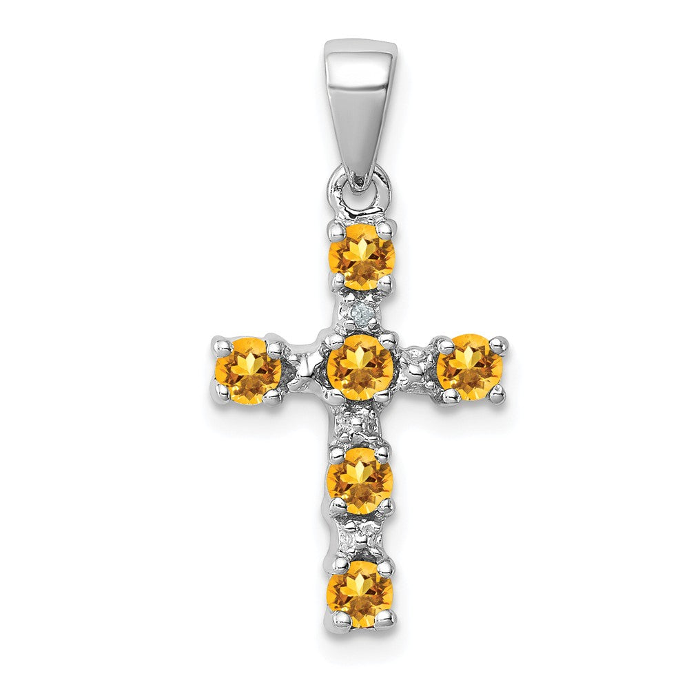 Million Charms 925 Sterling Silver Rhodium-plated Citrine & Diamond Accent Relgious Cross Pendant