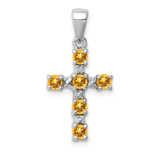 Million Charms 925 Sterling Silver Rhodium-plated Citrine & Diamond Accent Relgious Cross Pendant