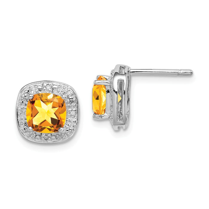 925 Sterling Silver Rhodium Citrine & Diamond Post Earrings, 9mm x 9mm